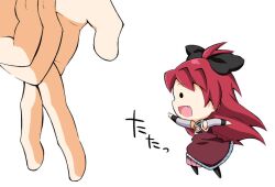  ._. bow chasing chibi commentary_request dress female hairbow hand_focus k_hiro long_hair magical_girl mahou_shoujo_madoka_magica mahou_shoujo_madoka_magica_(anime) mini-ikamusume mini_person minigirl oerba_yun_fang open_mouth out_of_frame pantyhose parody red_hair running sakura_kyoko sakura_kyoko_(magical_girl) shinryaku!_ikamusume smile solo_focus 