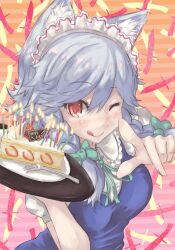  ;q animal_ears bad_id bad_pixiv_id blush braid cake candle female food fork grey_hair izayoi_sakuya maid_headdress mumulatte one_eye_closed plate red_eyes ribbon short_hair solo tongue tongue_out touhou twin_braids 