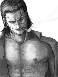  1boy artist_request cigar closed_eyes crocodile_(one_piece) greyscale hair_slicked_back male_focus monochrome muscular oekaki one_piece open_clothes open_shirt scar shirt smile smoking solo undressing 