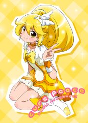  blonde_hair blush boots bow character_name choker commentary_request copyright_name cure_peace dress earrings female hair_ornament jewelry long_hair magical_girl massala precure sitting skirt smile smile_precure solo v wariza yayoi_kise yellow_background yellow_dress yellow_eyes yellow_theme 