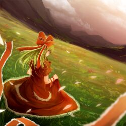  bow clothes_lift cloud commentary_request dress dress_lift female field grass green_eyes green_hair hairbow kagiyama_hina long_hair metalwasabi mountain photoshop_(medium) sitting solo touhou 