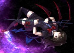  ahoge asymmetrical_wings black_hair black_thighhighs bow brown_hair commentary_request dress female highres houjuu_nue long_hair open_mouth polearm red_eyes sakimori_dan smile snake solo thighhighs touhou trident weapon wings wrist_cuffs zettai_ryouiki 