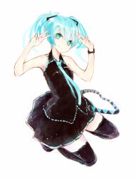  bow commentary_request double_v female hairbow hatsune_miku highres kneeling kojiki-life necktie short_twintails solo thighhighs twintails v vocaloid zettai_ryouiki 