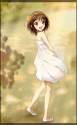  absurdres brown_eyes brown_hair commentary_request dress female hairband highres looking_back open_mouth orange_hairband rokujou_jun shoes short_hair solo suzumiya_haruhi suzumiya_haruhi_no_yuuutsu 