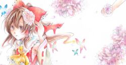  bad_id bad_pixiv_id bow brown_hair bug butterfly female flower hair_flower hair_ornament hair_tubes hairbow hakurei_reimu looking_at_viewer painting_(medium) red_bow shiroi_hakuto solo touhou traditional_media watercolor_(medium) 