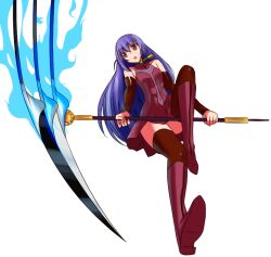  alternate_costume blue_hair boots cape detached_sleeves dress female haqua_d&#039;rot_herminium imageboard_desourced kami_nomi_zo_shiru_sekai long_hair non-web_source red_eyes red_thighhighs scythe solo thigh_boots thighhighs transparent_background weapon zettai_ryouiki 