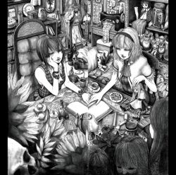  2girls adapted_costume alice_margatroid bare_shoulders book bookshelf bottle cake chair commentary_request cup doll doll_joints flower food greyscale hairband hane_(azelye) head_rest joints kazami_yuuka letterboxed loaded_interior monochrome multiple_girls room sewing_machine shanghai_doll short_hair sitting skull sleeveless sunflower symmetry table teacup teapot touhou 