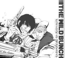  2boys arm_around_neck butch_cassidy_(drifters) character_name commentary_request drifters english_text facial_hair formal gatling_gun greyscale gun hair_between_eyes handgun hat messy_hair monochrome multiple_boys poncho revolver suit sundance_kid_(drifters) sweat tofana weapon 