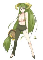  black_eyes blush bracelet capcom doboruberuku duramboros female green_hair horns jewelry long_hair monster_girl monster_hunter navel oota_yuuichi personification shoes smile solo very_long_hair 