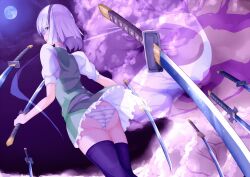  ass black_thighhighs blunt_bangs bob_cut bow cherry_blossoms cloud commentary_request dual_wielding female fisheye flat_ass floating from_behind from_below full_moon ginko_(nico) hairbow hitodama holding katana konpaku_youmu konpaku_youmu_(ghost) looking_at_viewer looking_back moon night night_sky panties pantyshot planted planted_sword puffy_short_sleeves puffy_sleeves shiny_skin short_hair short_sleeves skirt skirt_set sky solo striped_clothes striped_panties sword thighhighs touhou underwear upskirt weapon white_hair 