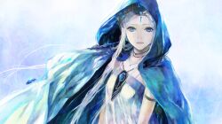  blue_eyes cloak commentary_request fantastic_children female gem headdress hood jewelry long_hair necklace smile solo tina_(fantastic_children) white_hair yaku_(ziroken) 