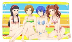  4girls amagi_yukiko barefoot bikini black_eyes black_hair blue_eyes blue_hair breast_envy breasts brown_eyes brown_hair cleavage commentary_request highres kujikawa_rise long_hair medium_breasts multiple_girls navel persona persona_4 satonaka_chie shirogane_naoto short_hair sitting small_breasts string_bikini sweatdrop swimsuit twintails uzu_hi wariza 