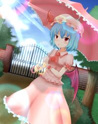  :&lt; arms_up ascot bad_id bad_pixiv_id bad_shadow bat_wings blouse blue_hair blue_sky blush brick_wall bush cloud commentary_request day dutch_angle female frills gate grass hat hat_ribbon highres holding lens_flare light_particles looking_at_viewer outdoors parasol path puffy_sleeves red_eyes remilia_scarlet ribbon road shirt short_hair short_sleeves skirt sky solo sun torievna touhou tree umbrella wings wrist_cuffs 