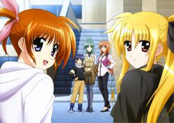  1boy 4girls absurdres arf belt blonde_hair blue_eyes blue_hair breasts casual chrono_harlaown facial_mark fashion fate_testarossa forehead_jewel forehead_mark green_eyes green_hair hair_intakes highres jacket lindy_harlaown long_hair looking_at_viewer lyrical_nanoha mahou_shoujo_lyrical_nanoha mahou_shoujo_lyrical_nanoha_a&#039;s mature_female mother_and_son multiple_girls oerba_yun_fang official_art okuda_yasuhiro open_mouth orange_hair pantyhose ponytail purple_eyes purple_legwear red_eyes red_hair shoes short_hair skirt small_breasts smile stairs takamachi_nanoha twintails unworn_jacket vest 