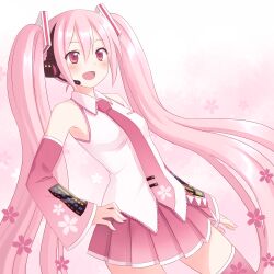  bare_shoulders blush commentary_request detached_sleeves female hand_on_own_hip hatsune_miku headset kuro_(chrono) long_hair necktie open_mouth pink_eyes pink_hair pink_thighhighs pleated_skirt sakura_miku skirt solo thighhighs twintails very_long_hair vocaloid zettai_ryouiki 