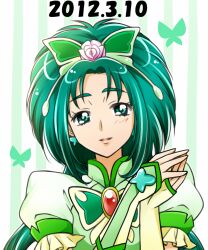  akimoto_komachi brooch butterfly_brooch butterfly_hair_ornament commentary_request cure_mint dated earrings eyelashes female flower green_eyes green_hair hair_ornament hairpin jewelry kagami_chihiro long_hair magical_girl pink_flower pink_rose precure rose smile solo white_background yes!_precure_5 yes!_precure_5_gogo! 