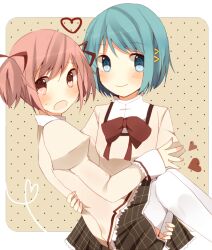  bad_id bad_pixiv_id banned_artist blue_eyes blue_hair carrying hair_ornament hair_ribbon hairclip heart itou_mikan kaname_madoka mahou_shoujo_madoka_magica miki_sayaka multiple_girls pink_eyes pink_hair princess_carry ribbon school_uniform short_hair short_twintails thighhighs twintails zettai_ryouiki 