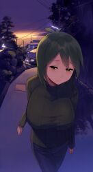  breasts building chikurin_(sasamori_tomoe) commentary_request denim evening female green_eyes green_hair jeans large_breasts original pants ribbed_sweater sasamori_tomoe short_hair sky solo sweater tears turtleneck walking 