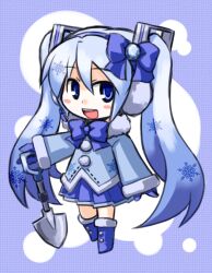  blue_eyes blue_hair blush_stickers boots chibi coat commentary_request earmuffs female hatsune_miku kugelschreiber long_hair open_mouth shovel skirt snowflakes solo twintails very_long_hair vocaloid yuki_miku yuki_miku_(2012) 