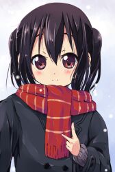  bad_id bad_pixiv_id black_hair coat female k-on! kurou_(quadruple_zero) long_hair looking_at_viewer nakano_azusa red_eyes red_scarf scarf snow striped_clothes striped_scarf twintails upper_body v 