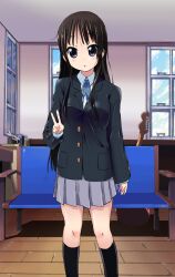  akiyama_mio bad_id bad_pixiv_id bench black_eyes black_hair female guitar instrument k-on! kurou_(quadruple_zero) long_hair painttool_sai_(medium) sakuragaoka_high_school_uniform school_uniform v 