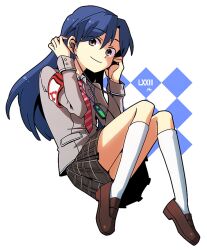  blazer blue_hair commentary_request digital_media_player female grey_eyes headphones idolmaster idolmaster_(classic) jacket kisaragi_chihaya kneehighs long_hair necktie nightea photoshop_(medium) plaid plaid_skirt school_uniform skirt smile socks solo white_socks 