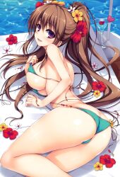  :d ass bare_shoulders bikini blue_bikini blush breasts brown_hair cover female flower hair_flower hair_ornament halterneck hibiscus highres hip_focus large_breasts long_hair looking_at_viewer looking_back lying on_side open_mouth original purple_eyes side-tie_bikini_bottom sideboob smile solo strap_pull string_bikini swimsuit tomose_shunsaku twintails underboob untied_bikini very_long_hair 