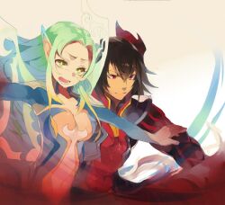  blach_hair black_hair breasts gaias gaius_(tales) green_eyes multicolored_hair muse_(tales_of_xillia) muzet_(tales) open_mouth pointy_ears red_eyes tales_of_(series) tales_of_xillia 