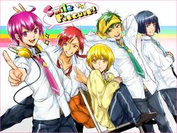  5boys aoki_reika arrow_(symbol) bad_id bad_pixiv_id blonde_hair blue_eyes blue_hair blue_necktie cardigan chair clothes_around_waist copyright_name genderswap_(ftm) green_eyes green_hair green_necktie grin group_picture headband headphones hino_akane_(smile_precure!) hoshizora_miyuki ichinose777 mars_symbol midorikawa_nao multiple_boys necktie pants pink_eyes pink_hair pink_necktie pointing precure rainbow red_eyes red_hair rule_63 school_uniform shoes sitting smile smile_precure sweater sweater_around_waist venus_symbol white_background yayoi_kise yellow_eyes yellow_headphones 