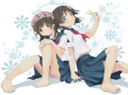  2girls back-to-back bad_id bad_pixiv_id barefoot blue_eyes brown_hair flower hair_flower hair_ornament head_wreath itoichi. looking_at_viewer multiple_girls neckerchief panties pantyshot pink_panties pleated_skirt sakugawa_school_uniform saten_ruiko school_uniform serafuku short_hair sitting skirt summer_uniform toaru_kagaku_no_railgun toaru_majutsu_no_index toes uiharu_kazari underwear v yellow_eyes 