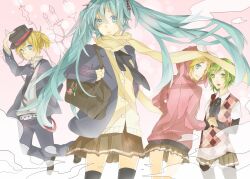  1boy 3girls aqua_eyes aqua_hair bad_id bad_pixiv_id bag belt blazer blonde_hair green_eyes green_hair gumi hair_ornament hairclip hat hatsune_miku holding_hands hood hoodie interlocked_fingers jacket kagamine_len kagamine_rin long_hair multiple_girls octopus pantyhose scarf short_hair skirt smile standing sweater tadano_yukiko thighhighs top_hat twintails very_long_hair vocaloid 