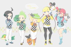  2boys 3girls bad_id bad_pixiv_id bianca_(pokemon) black_hair black_legwear blonde_hair blue_eyes bow cheren_(pokemon) cilan_(pokemon) denim denim_shorts elesa_(pokemon) emolga feille glasses green_eyes green_hair hair_ornament hair_ribbon hairbow hat long_hair looking_at_viewer multiple_boys multiple_girls on_shoulder open_mouth orange_pantyhose pansage pantyhose pantyhose_under_shorts pidove pokemon pokemon_(creature) pokemon_bw pokemon_on_shoulder red_hair ribbon shorts simple_background skyla_(pokemon) smile snivy tepig vest waving 