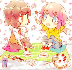  bad_id bad_pixiv_id blue_eyes brown_hair cake food inazuma_eleven_(series) inazuma_eleven_go kirino_ranmaru long_hair lowres multiple_boys namie-kun pink_hair red_eyes shindou_takuto 