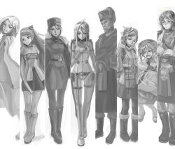  3boys 5girls absurdres alvis_hamilton beard bodysuit bomber_jacket book boots braid buckle cape commentary_request dian_(last_exile) dio_eraclea facial_hair frown giselle_collette_vingt gloves goggles goggles_on_head greyscale hat highres jacket jumping last_exile last_exile:_gin&#039;yoku_no_fam lolicon long_hair miniskirt monochrome multiple_boys multiple_girls pantyhose pencil_skirt sadri sara_(last_exile) short_hair skirt smile sorush tassel tatiana_wisla uniform xiamianliele 