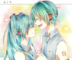  1boy aqua_eyes aqua_hair bad_id bad_pixiv_id closed_eyes dual_persona female genderswap_(ftm) hatsune_miku hatsune_mikuo holding_hands long_hair miku_day necktie open_mouth rule_63 shiro_(ryuu) smile twintails vocaloid 