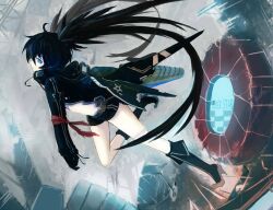  arm_cannon armband baraen black_gloves black_hair black_rock_shooter black_rock_shooter_(character) black_rock_shooter_(game) blue_eyes boots commentary_request female gloves hood hoodie jacket long_hair mecha_musume midriff short_shorts shorts solo stella_(black_rock_shooter) twintails weapon 