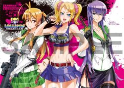  1boy 3girls antenna_hair armor bare_shoulders belt blonde_hair blue_eyes breasts brown_hair busujima_saeko chainsaw cheerleader crossover frown gun hand_on_own_hip highschool_of_the_dead juliet_starling large_breasts lollipop_chainsaw long_hair miyamoto_rei multiple_girls necktie nick_carlyle official_art open_mouth orange_eyes orange_hair ponytail purple_hair sample_watermark satou_shouji school_uniform scrunchie short_twintails skirt smile sword thighhighs twintails watermark weapon 