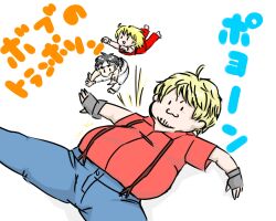  3boys :3 blonde_hair bob_(tekken) chibi commentary_request crossover dougi fat fat_man fingerless_gloves gloves ken_masters mini_person miniboy multiple_boys ryu_(street_fighter) street_fighter street_fighter_x_tekken suspenders tekken tsukino_(skecth) v-shaped_eyebrows 