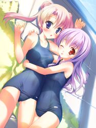  2girls :o ;p asato_rina bad_link blue_eyes blush canvas_3 double_bun green_eyes hair_bun highres lying multiple_girls one-piece_swimsuit one_eye_closed pink_hair pool poolside purple_hair red_eyes school_swimsuit swimsuit takoyaki_(roast) tongue tongue_out towel yamabuki_renge_(canvas_3) 