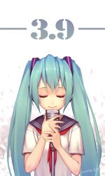  39 aqua_hair closed_eyes commentary_request dated female hatsune_miku long_hair lvans miku_day photoshop_(medium) school_uniform serafuku smile solo twintails vocaloid 