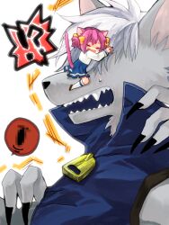  !? 1boy animal_ears cat_ears cat_tail chibi closed_eyes commentary_request female furry furry_male hoshizora_miyuki kemonomimi_mode mini_person minigirl mogupen pink_hair precure school_uniform sharp_teeth short_hair short_twintails smile_precure tail teeth twintails werewolf white_hair wolf_boy wolfrun 