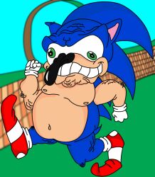  anthro blue_body blue_fur clothing countramsely derp_eyes eulipotyphlan footwear fur gotta_go_fast hedgehog hi_res humor male mammal nightmare_fuel nipples obese obese_anthro overweight overweight_anthro running sega shoes smile solo sonic_the_hedgehog sonic_the_hedgehog_(series) what 