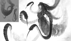  alien crossed_arms female greyscale highres imageboard_desourced izsha monochrome monster_girl non-web_source prehensile_hair samwise_didier scales signature solo spikes starcraft starcraft_ii tail zerg_(starcraft) 