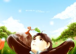  1boy arrietty eye_contact female ghibli karigurashi_no_arrietty looking_at_another lying minigirl outdoors pixiv_thumbnail resized shou shou_(karigurashi_no_arrietty) sitting sky studio_ghibli 