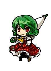  ascot chibi commentary_request female flower full_body green_hair hand_on_own_hip kazami_yuuka red_eyes shirt short_hair skirt skirt_set smile socha solo sunflower touhou transparent_background umbrella vest 