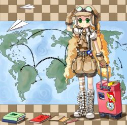  arrow_(symbol) blonde_hair book boots commentary_request dotted_line female flat_chest gloves goggles green_eyes map original paper_airplane photoshop_(medium) rolling_suitcase salute shimjy single_thighhigh solo striped_clothes striped_thighhighs suitcase thighhighs 