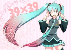  39 ahoge aqua_eyes aqua_hair bad_id bad_pixiv_id blush detached_sleeves female gradient_hair hatsune_miku headset long_hair miku_day multicolored_hair necktie one_eye_closed skirt smile solo striped striped_background thighhighs twintails ume_(326310) very_long_hair vocaloid 