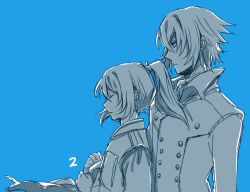  1boy bad_id bad_pixiv_id blue_theme chikage_kazama closed_eyes couple female hakuouki_shinsengumi_kitan long_hair monochrome photoshop_(medium) ponytail short_hair straight yamano_(151515) yukimura_chizuru 