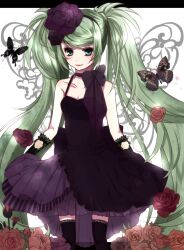  an-mar bad_id bad_pixiv_id bug butterfly dress elbow_gloves female flower gloves green_eyes green_hair hatsune_miku highres long_hair rose smile solo thighhighs twintails very_long_hair vocaloid 