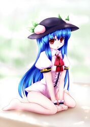  bare_legs barefoot blue_hair bow commentary_request feet female food fruit hat highres hinanawi_tenshi long_hair looking_at_viewer no_pants open_mouth panties peach puffy_short_sleeves puffy_sleeves short_sleeves sitting solo thighs touhou tsubasa_(abchipika) underwear very_long_hair wariza white_panties wrist_cuffs 